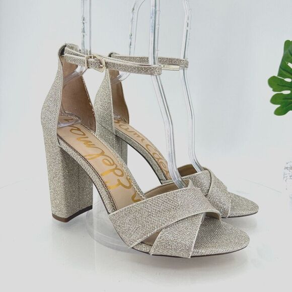 Sam Edelman Womens Yancy Heeled Ankle Strap Sandals Size 10 M Silver Shimmer - Picture 1 of 16